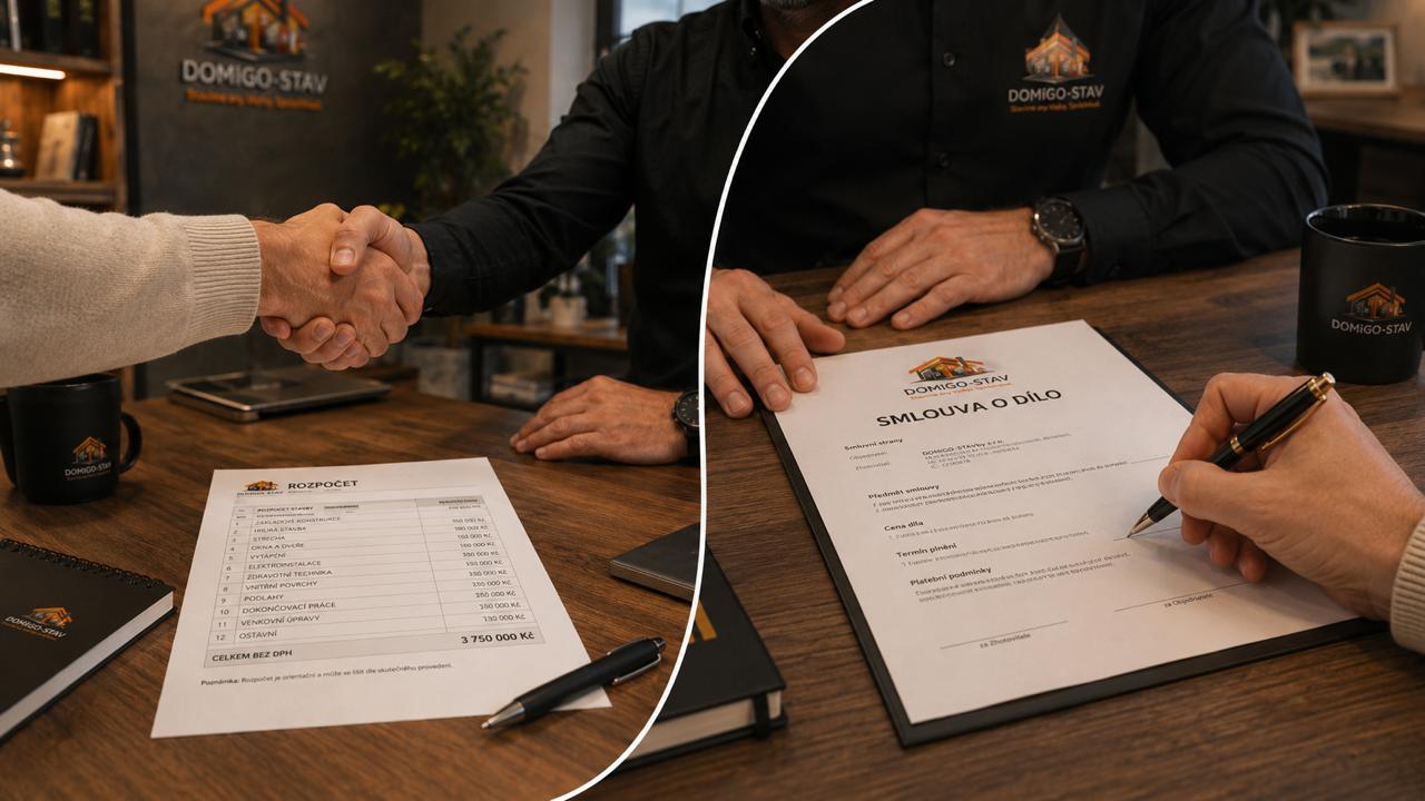 Podpis smlouvy o dílo mezi klientem a DOMIGO-STAV